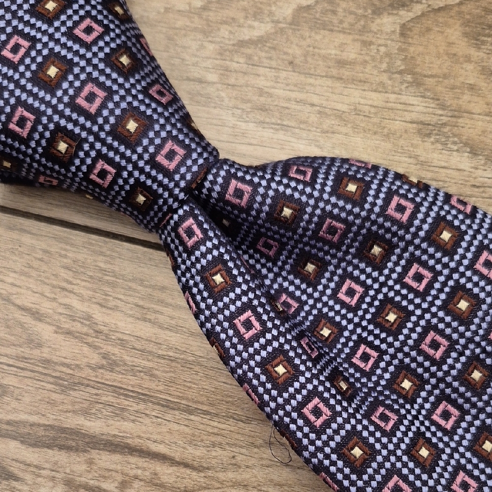 MASSIMO BIZZOCCHI Italy Metallic Silver Blue Grown Square‎ Weave Mens Silk Tie